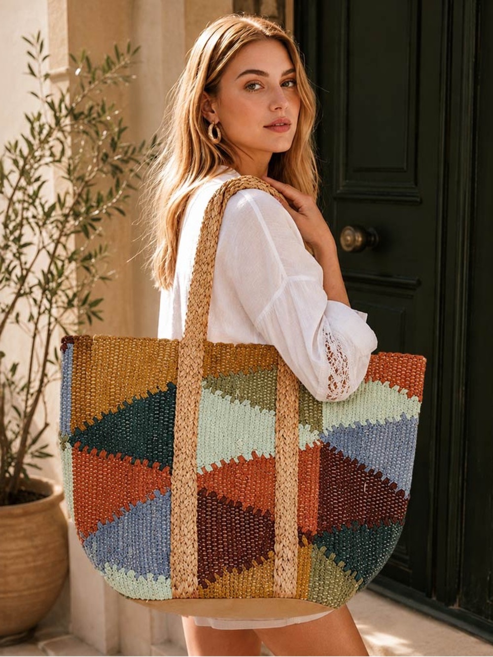 Woven Multicolor Straw Tote Bag